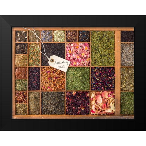 Varieties of tea in a wooden box Black Modern Wood Framed Art Print by Frank, Assaf