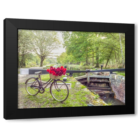 Bicycle with bunch of white roses by the canal Black Modern Wood Framed Art Print with Double Matting by Frank, Assaf