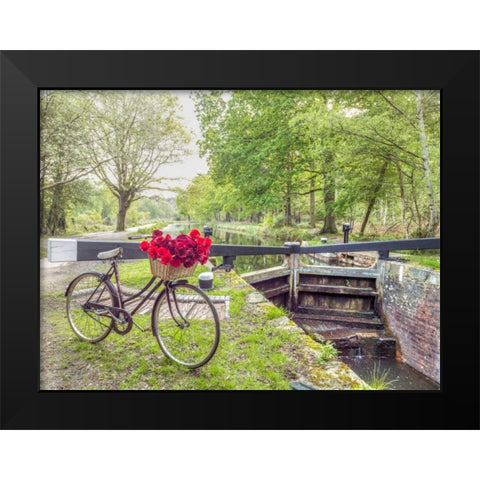 Bicycle with bunch of white roses by the canal Black Modern Wood Framed Art Print by Frank, Assaf