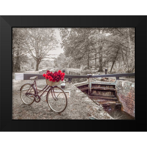 Bicycle with bunch of white roses by the canal Black Modern Wood Framed Art Print by Frank, Assaf