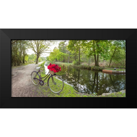 Bicycle with bunch of red roses by the canal Black Modern Wood Framed Art Print by Frank, Assaf