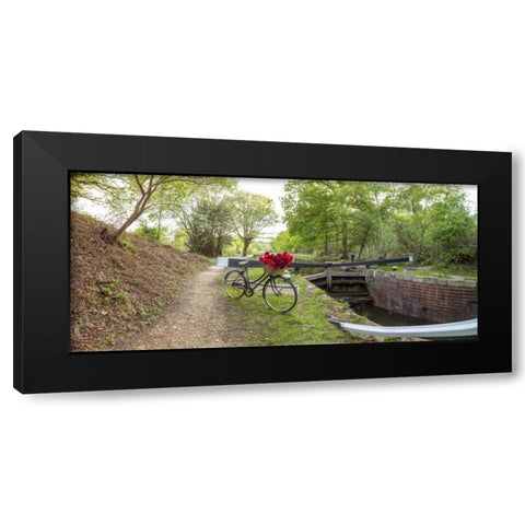 Bicycle with bunch of red roses by the canal Black Modern Wood Framed Art Print by Frank, Assaf