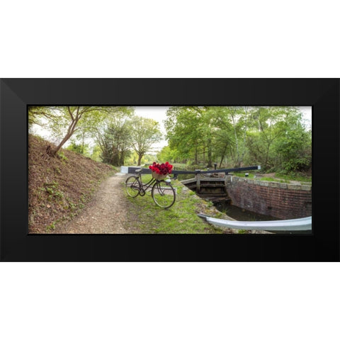 Bicycle with bunch of red roses by the canal Black Modern Wood Framed Art Print by Frank, Assaf