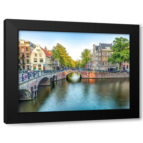 Canal through Amsterdam city Black Modern Wood Framed Art Print with Double Matting by Frank, Assaf