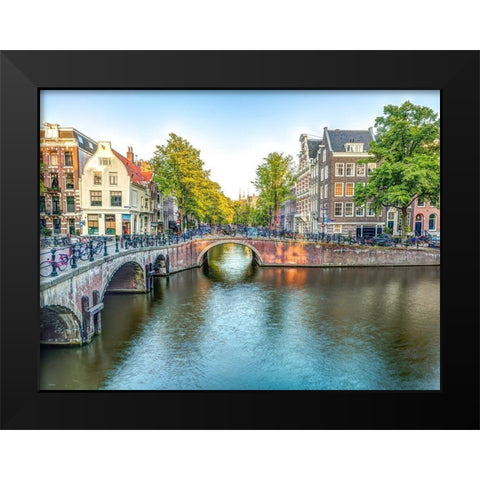 Canal through Amsterdam city Black Modern Wood Framed Art Print by Frank, Assaf