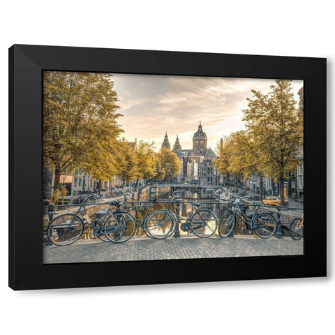 Bicycles parked along the canal-Amsterdam Black Modern Wood Framed Art Print with Double Matting by Frank, Assaf