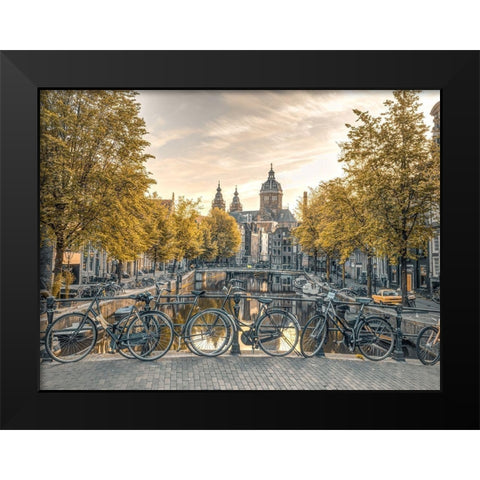 Bicycles parked along the canal-Amsterdam Black Modern Wood Framed Art Print by Frank, Assaf