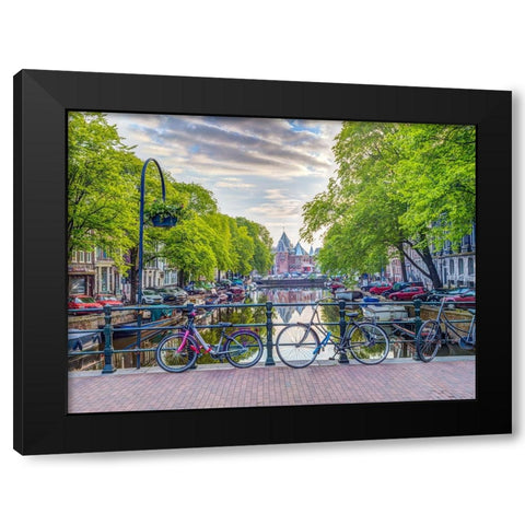 Bicycles parked along the canal, Amsterdam Black Modern Wood Framed Art Print by Frank, Assaf