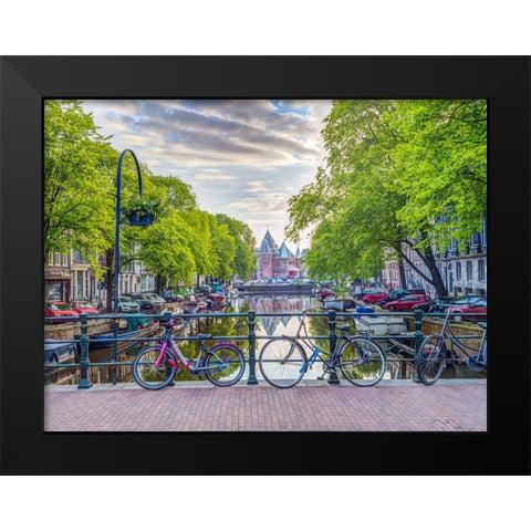 Bicycles parked along the canal, Amsterdam Black Modern Wood Framed Art Print by Frank, Assaf