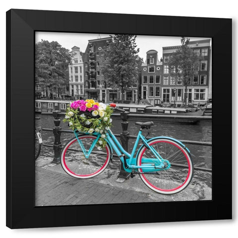 Bicycle with bunch of roses on bridge-Amsterdam Black Modern Wood Framed Art Print with Double Matting by Frank, Assaf