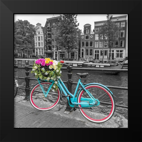 Bicycle with bunch of roses on bridge-Amsterdam Black Modern Wood Framed Art Print by Frank, Assaf