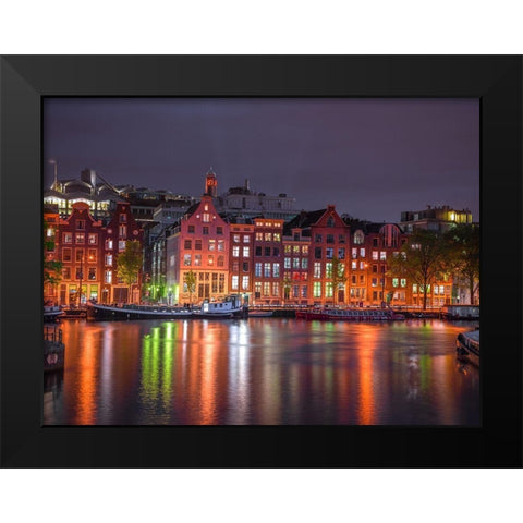 Amsterdam canal at night Black Modern Wood Framed Art Print by Frank, Assaf