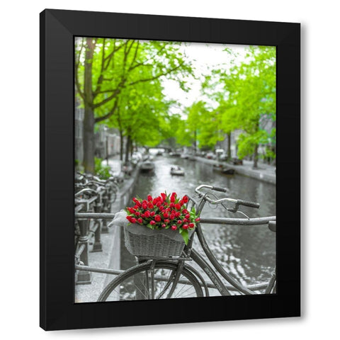 Bicycle with bunch of flowers by the canal-Amsterdam Black Modern Wood Framed Art Print with Double Matting by Frank, Assaf