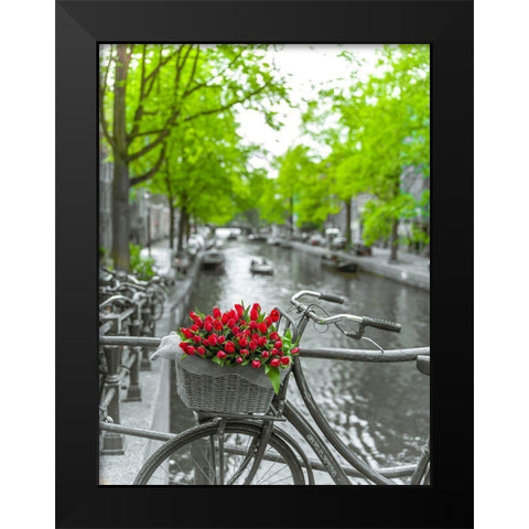Bicycle with bunch of flowers by the canal-Amsterdam Black Modern Wood Framed Art Print by Frank, Assaf