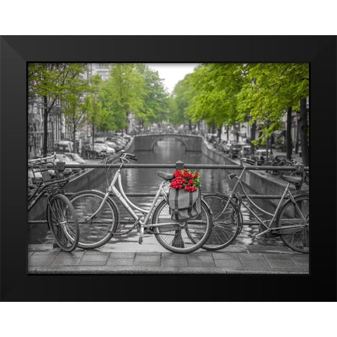 Bicycle with bunch of flowers by the canal, Amsterdam Black Modern Wood Framed Art Print by Frank, Assaf