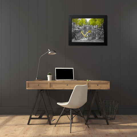 Bicycle with bunch of flowers by the canal, Amsterdam Black Modern Wood Framed Art Print by Frank, Assaf