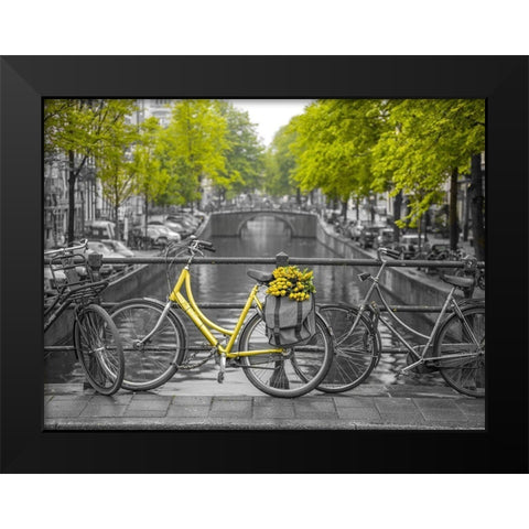Bicycle with bunch of flowers by the canal, Amsterdam Black Modern Wood Framed Art Print by Frank, Assaf