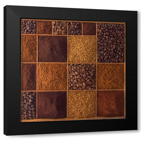 Variety of coffee beans in a wooden box Black Modern Wood Framed Art Print by Frank, Assaf
