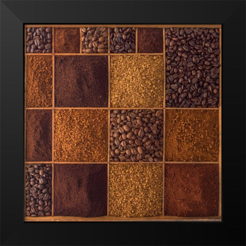 Variety of coffee beans in a wooden box Black Modern Wood Framed Art Print by Frank, Assaf