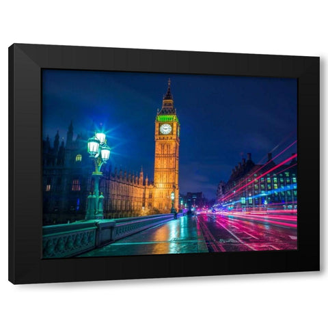Big ben and westminster bridge with strip lights at night, London Black Modern Wood Framed Art Print with Double Matting by Frank, Assaf