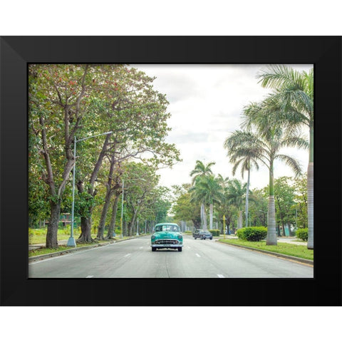 Vintage car on a road with palm trees, Cuba Black Modern Wood Framed Art Print by Frank, Assaf