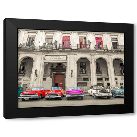 Traditional cuban cars parked in row by the road in Havava, Cuba, Black Modern Wood Framed Art Print with Double Matting by Frank, Assaf