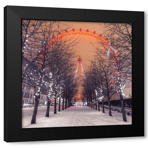 London Eye at night with trees in the foreground lit with lights and snow on the pathway-London-UK Black Modern Wood Framed Art Print with Double Matting by Frank, Assaf
