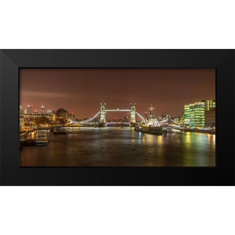 Tower Bridge and HMS Belfast at night Black Modern Wood Framed Art Print by Frank, Assaf