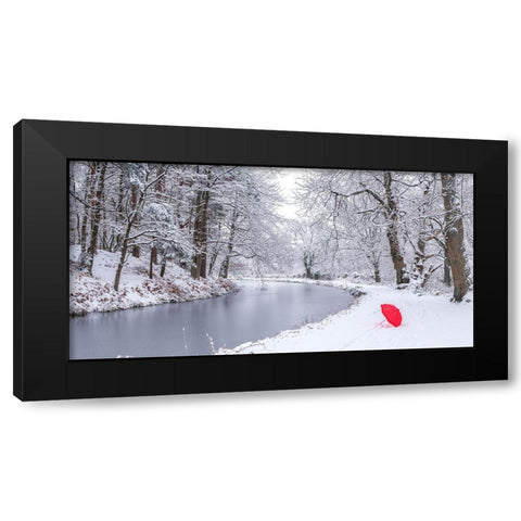 Umbrella by a snowy canal Black Modern Wood Framed Art Print by Frank, Assaf