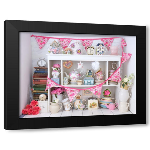 Vintage tea pots, cups , clocks with bunting Black Modern Wood Framed Art Print by Frank, Assaf