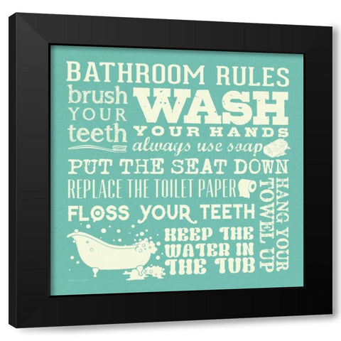 Bath Rules - Green Black Modern Wood Framed Art Print by Marrott, Stephanie