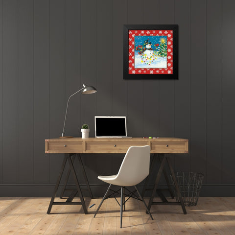 Snowman and Lights Black Modern Wood Framed Art Print by Marrott, Stephanie