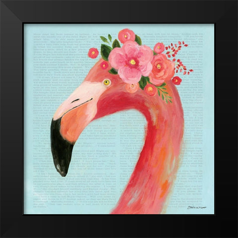 Flamingo Flower Face Black Modern Wood Framed Art Print by Marrott, Stephanie