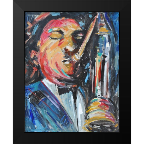 Sax Man Black Modern Wood Framed Art Print by Stevens, Allayn