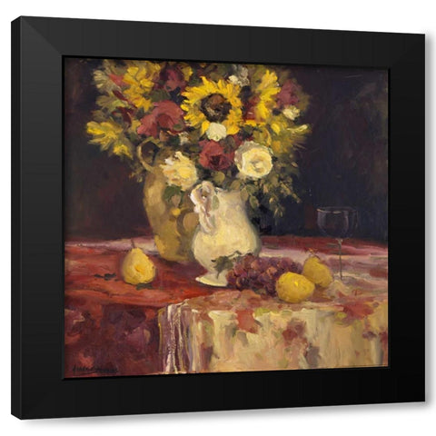 Sunflowers And Wine Black Modern Wood Framed Art Print with Double Matting by Stevens, Allayn