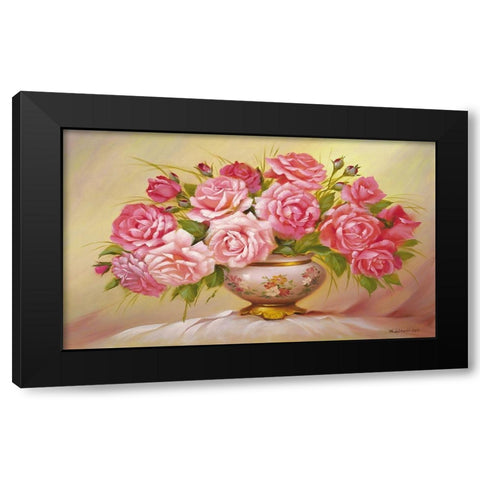 Pink Roses Black Modern Wood Framed Art Print by Dvoretskiy, Petrovich