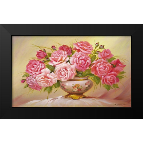 Pink Roses Black Modern Wood Framed Art Print by Dvoretskiy, Petrovich