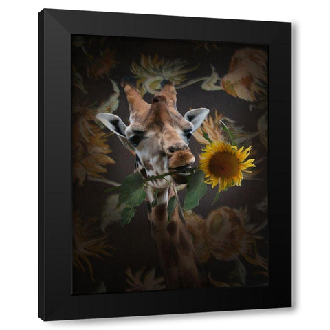 Giraf Met Bloem Black Modern Wood Framed Art Print with Double Matting by Babette