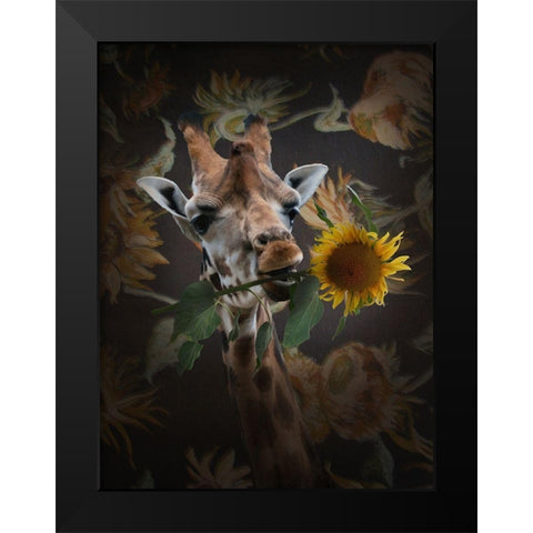 Giraf Met Bloem Black Modern Wood Framed Art Print by Babette
