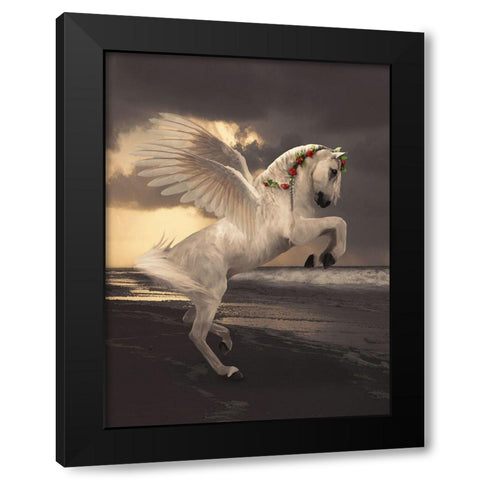 Pegasus With Roses Black Modern Wood Framed Art Print with Double Matting by Babette