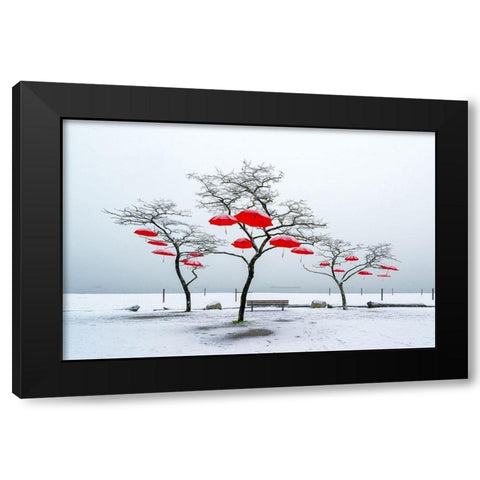 Red Umbrellas Black Modern Wood Framed Art Print by Kostka, Vladimir