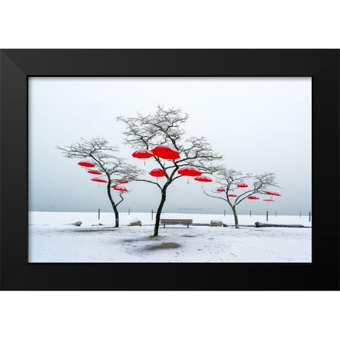 Red Umbrellas Black Modern Wood Framed Art Print by Kostka, Vladimir