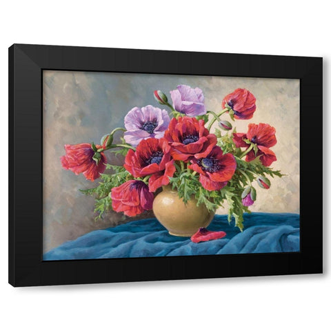 RED POPPIES ON BLUE CLOTH Black Modern Wood Framed Art Print by Krueger, E.