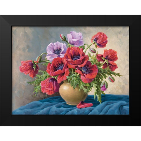 RED POPPIES ON BLUE CLOTH Black Modern Wood Framed Art Print by Krueger, E.
