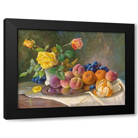 YELLOW ROSE AND FRUITS Black Modern Wood Framed Art Print by Krueger, E.
