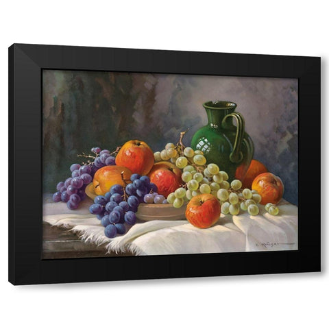 APPLES AND GRAPES Black Modern Wood Framed Art Print with Double Matting by Krueger, E.