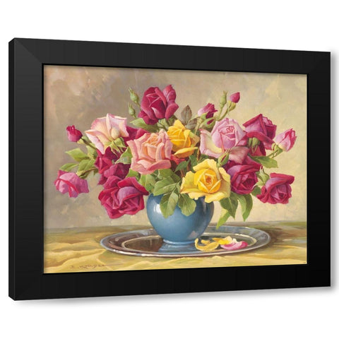 ROSES IN A BLUE VASE Black Modern Wood Framed Art Print by Krueger, E.