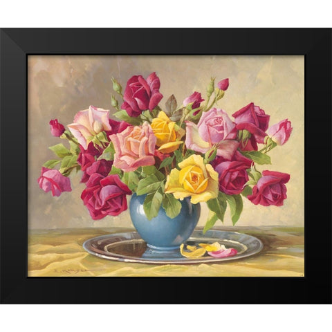 ROSES IN A BLUE VASE Black Modern Wood Framed Art Print by Krueger, E.