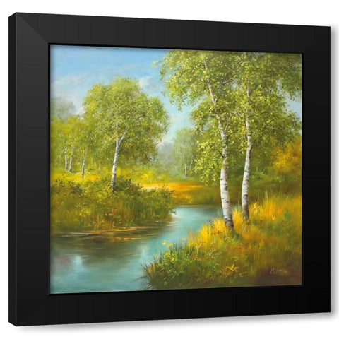 POND WITH BIRCHTREES Black Modern Wood Framed Art Print by Smith, B.
