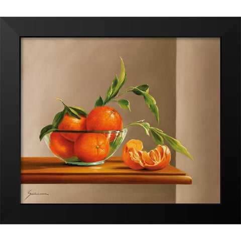TANGERINES WITH GREEN Black Modern Wood Framed Art Print by Schoelnhammer, Heinz